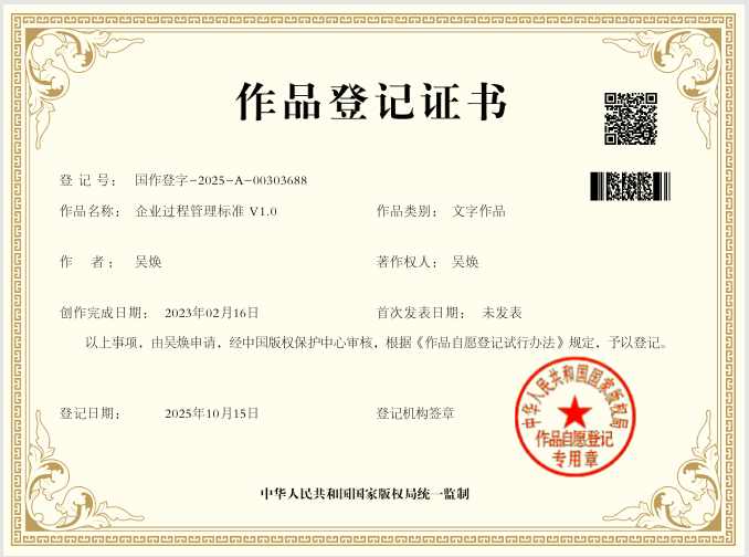 企业过程管理标准V1.0作品登记证
